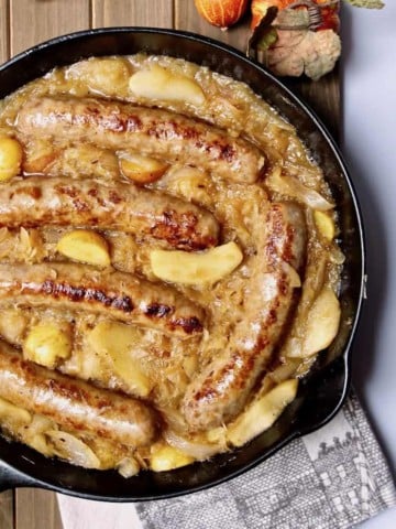 Sausage, Apple, Sauerkraut and Potato Skillet, in cast iron skillet.