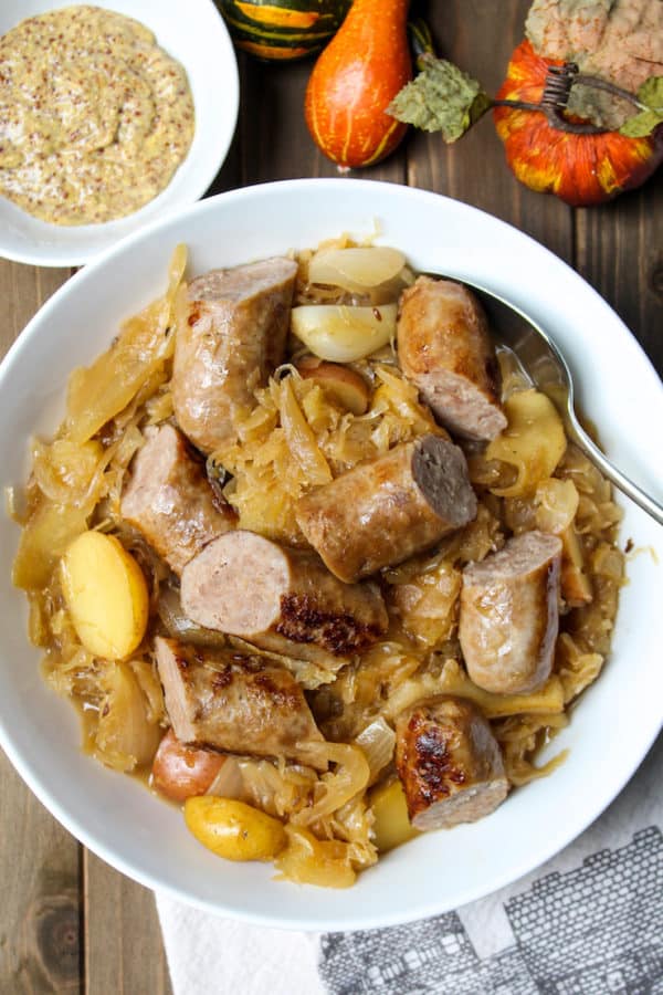 German Sausage Skillet With Apples And Sauerkraut The Hungry Bluebird 