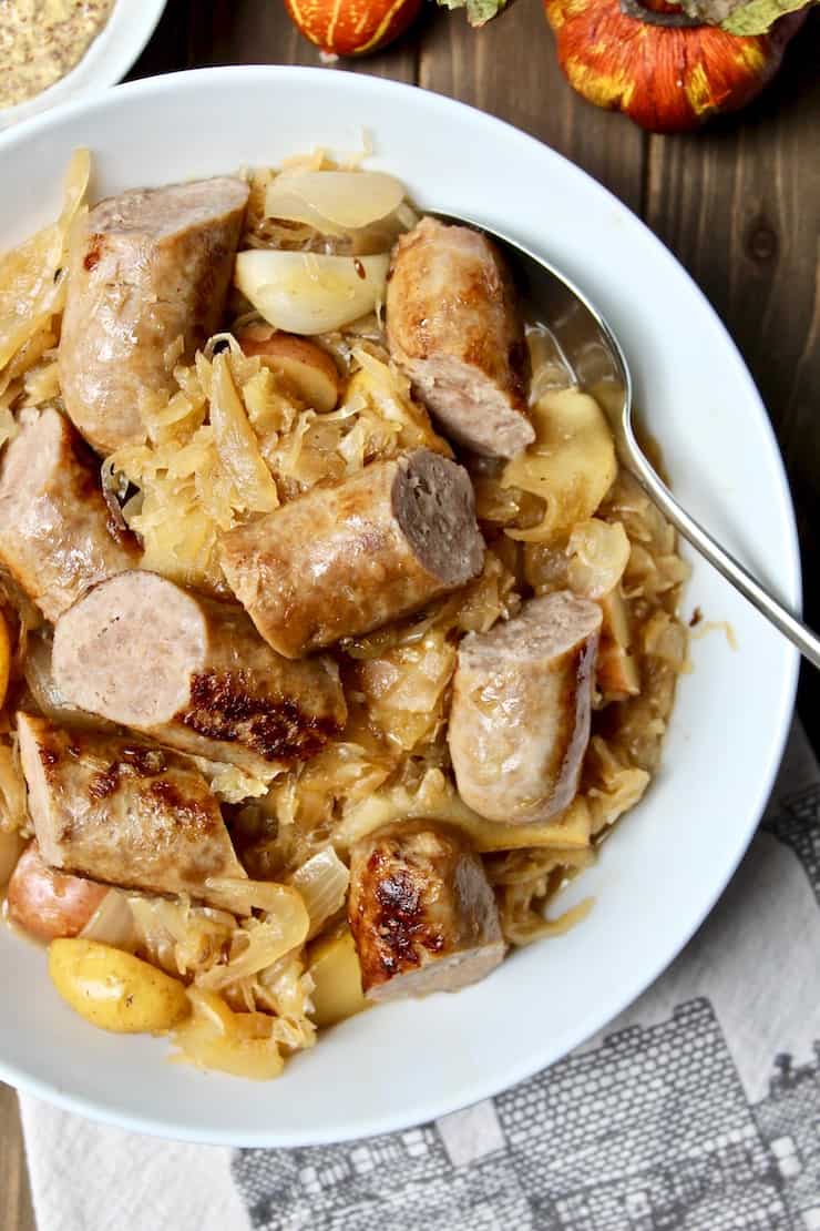 German Sausage Skillet with Apples and Sauerkraut the hungry bluebird
