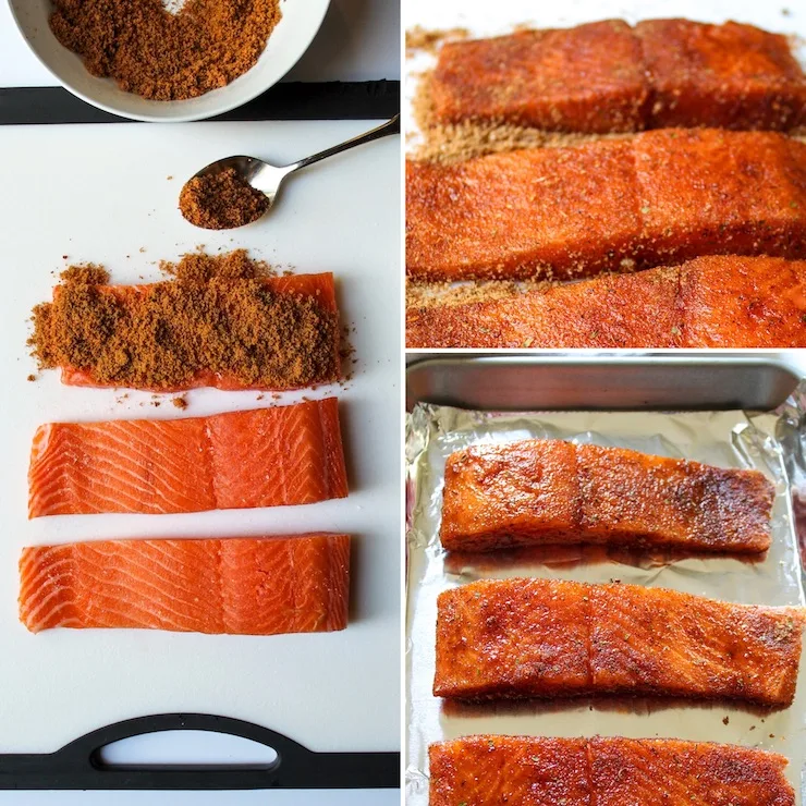 Process photo collage showing how to prepare salmon for baking.