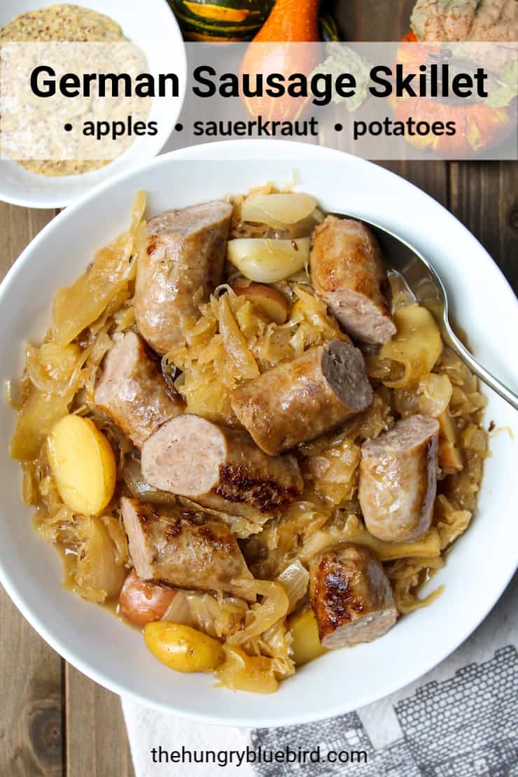 German Sausage Skillet with Apples and Sauerkraut the hungry bluebird