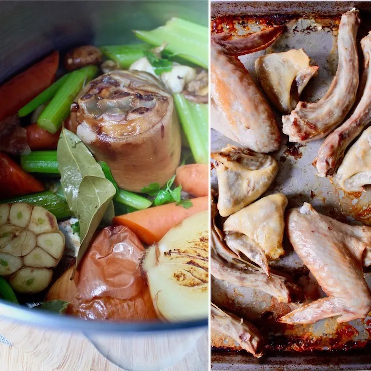Homemade Turkey Stock, two photo collage showing browning turkey parts and vegetables in stock pot.