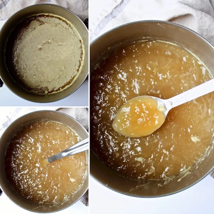Homemade Turkey Stock, chilled overnight, three photo collage showing gelatinous texture.