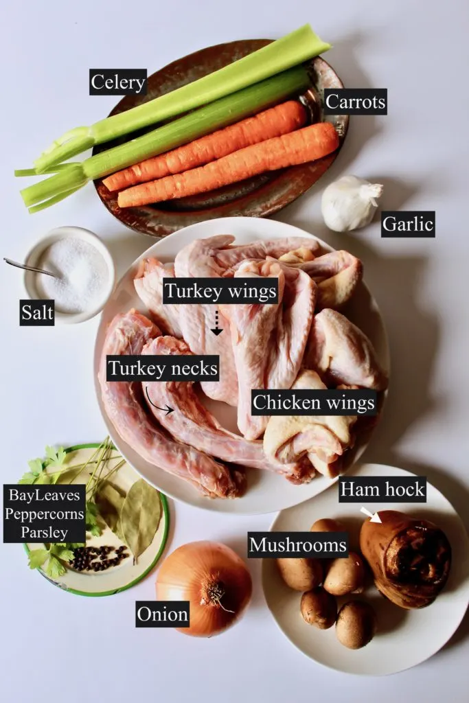 Ingredients for stock displayed on white board and labeled with text.