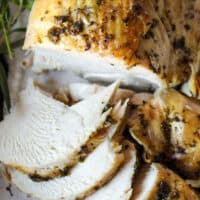 Carving slices of Instant Pot turkey breast.