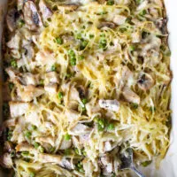 Overhead of turkey tetrazzini casserole