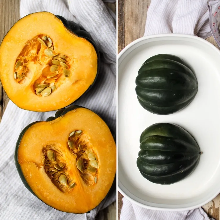 Two photo collage, prepping acorn squash.