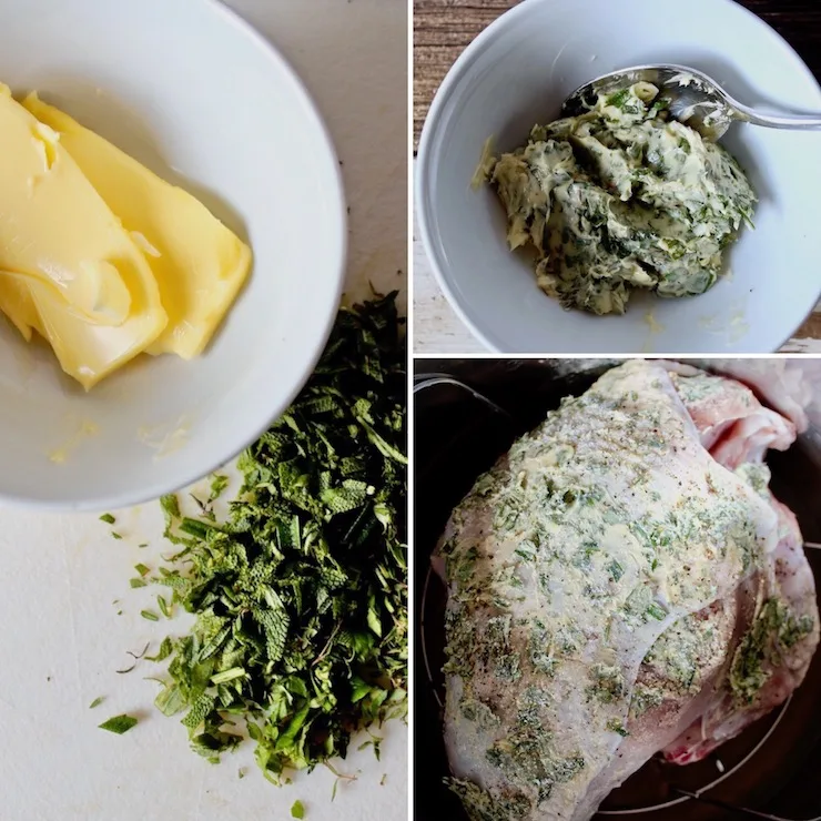 , photo collage of herb butter ingredients and rubbed on turkey