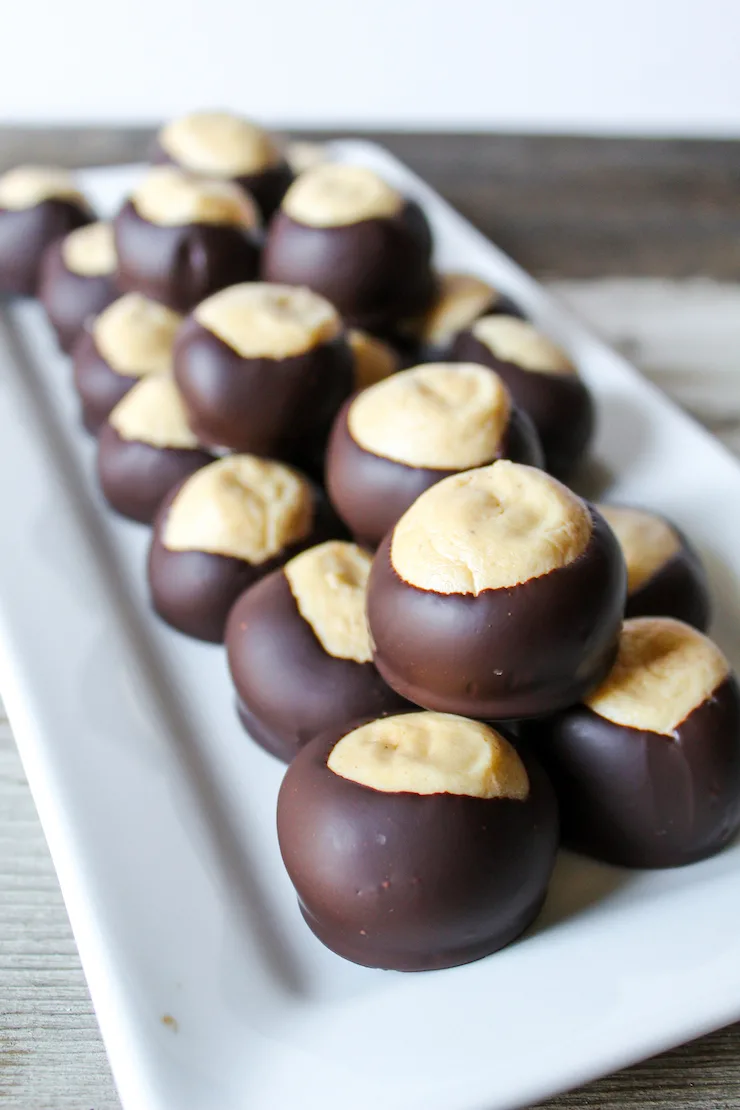 Buckeyes on white platter.