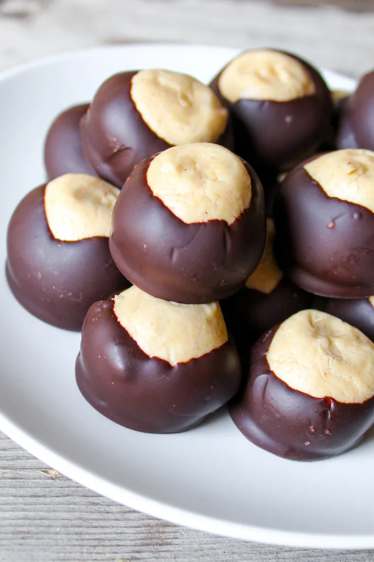 Plate of stacked buckeyes candy.