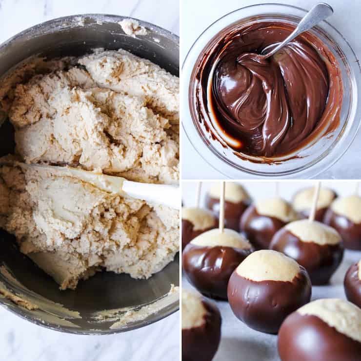 Process photo collage, batter and dipping peanut butter balls into chocolate.