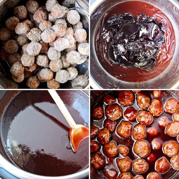 Instant Pot Blackberry Jalapeño BBQ Meatballs, step by step collage photo.