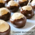 Pinterest pin with text, buckeyes on tray with toothpicks