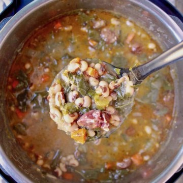 Instant Pot Black Eyed Pea Soup, ladle of soup over Instant Pot.