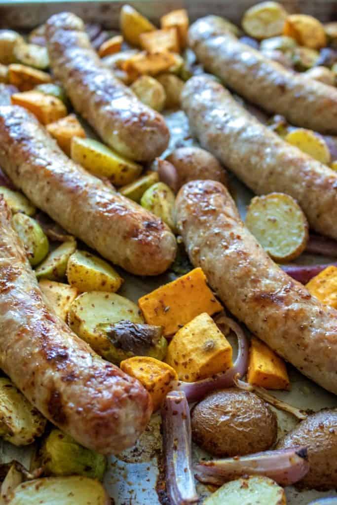 Sausage Sheet Pan Dinner with Roasted Vegetables - The Hungry Bluebird