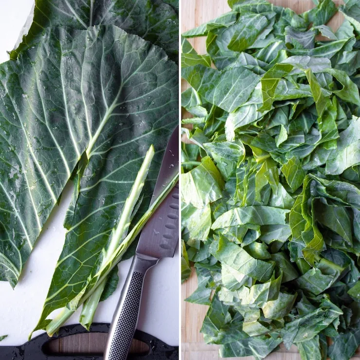 Photo collage of prepping collards for cooking.