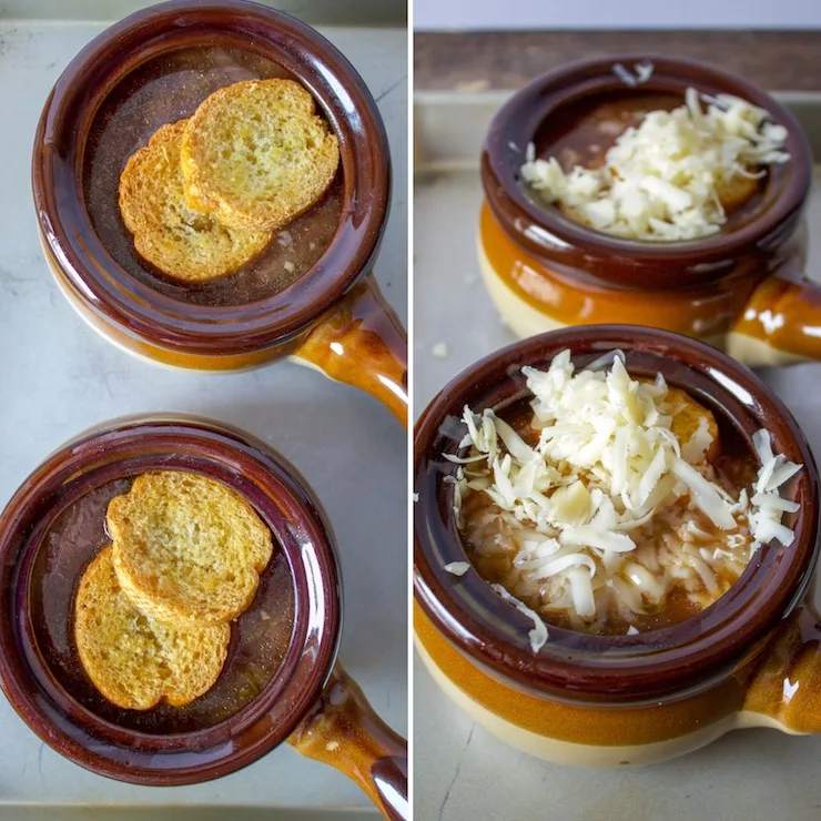 Two photo collage adding bread crouton and cheese before oven.