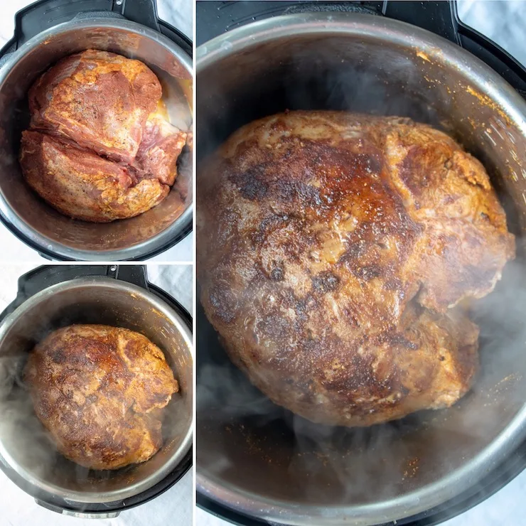 Greek Instant Pot Leg of Lamb, process photo collage, browning the lamb.