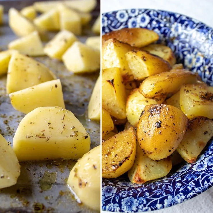 Greek potatoes, before and after roasting, in serving bowl. 