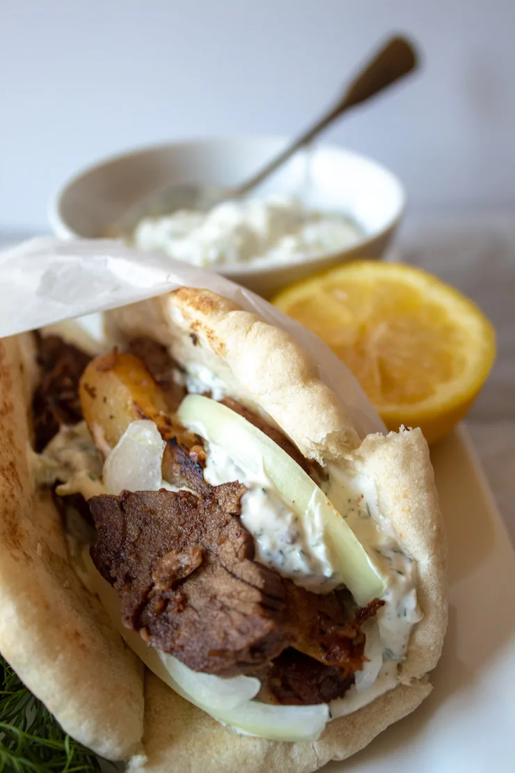 Gyros Sandwich, with leftover lamb and homemade tzatziki.