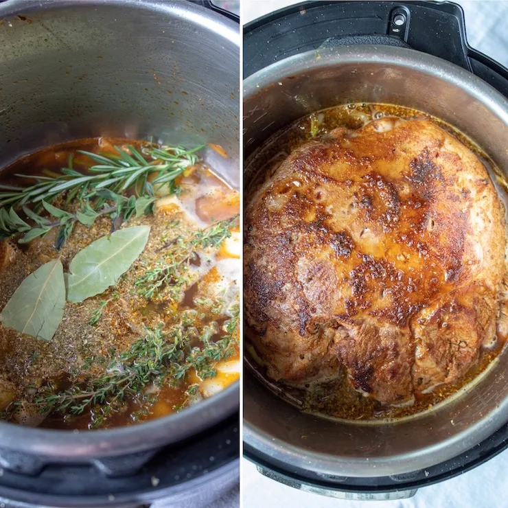 Greek Instant Pot Leg of Lamb, side by side of ingredients in pot before sealing to cook.