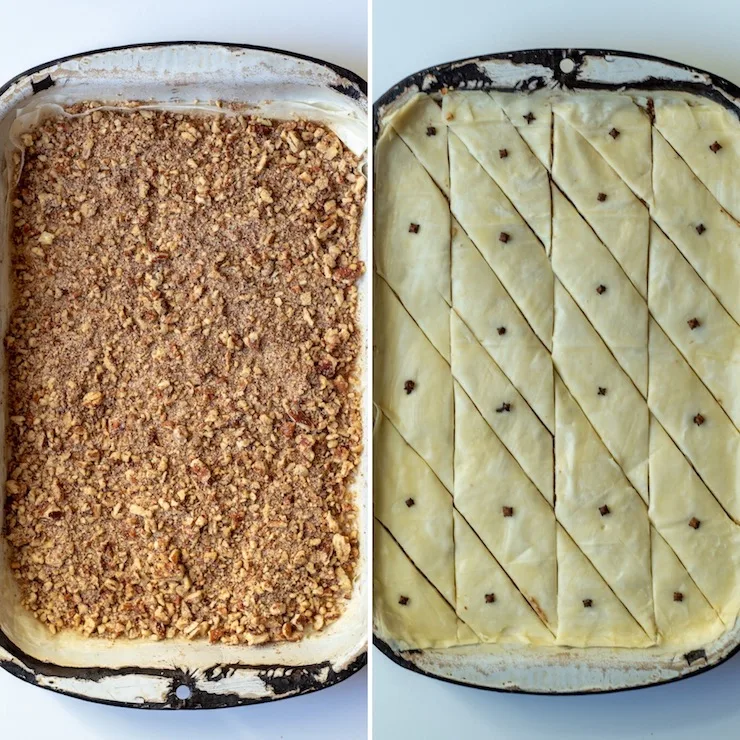 Two photo collage of layering baklava with nut mixture.