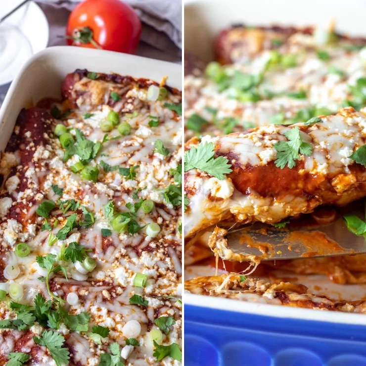 Finished enchiladas in pan , two photo collage.
