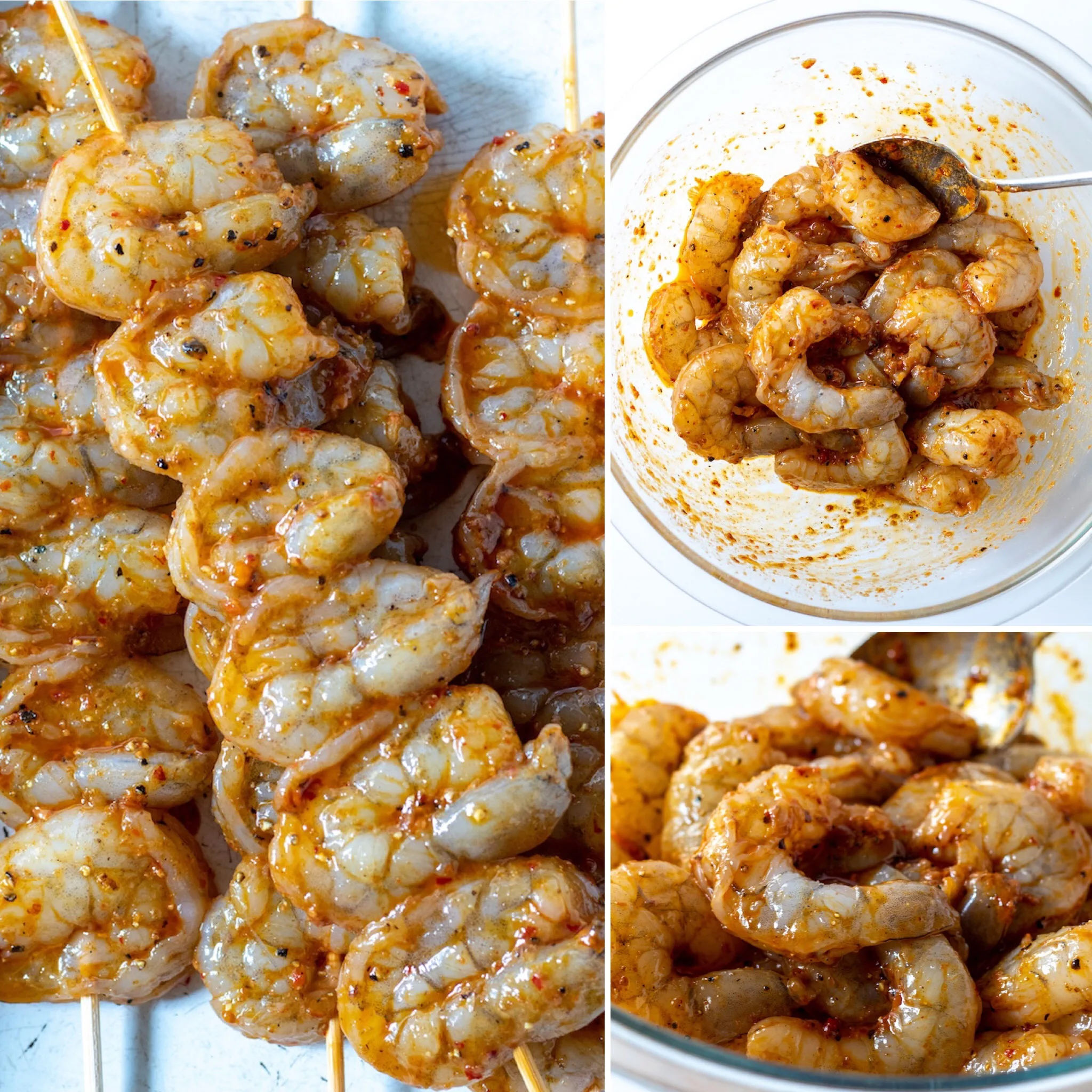 Three photo collage of marinated shrimp and skewers ready for grilling.