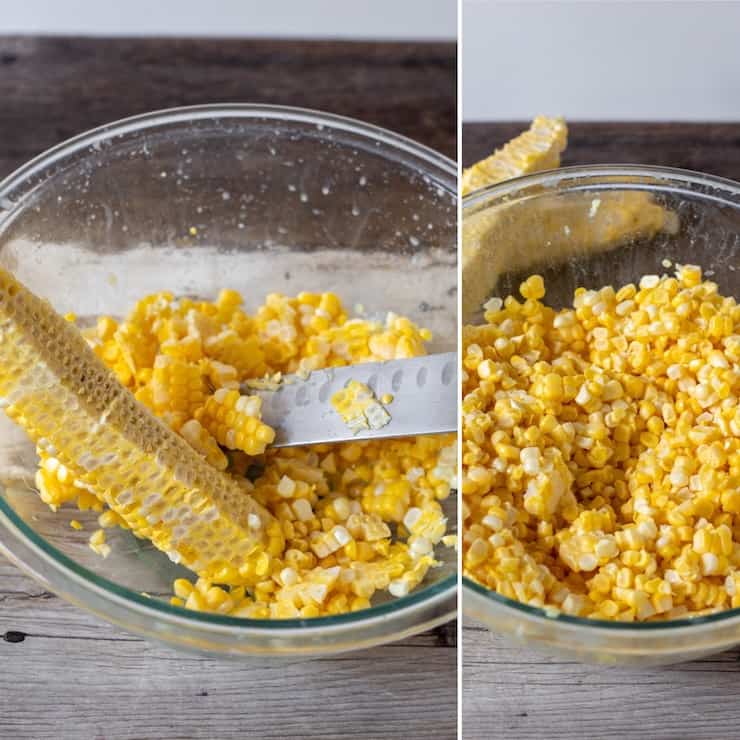 Cutting kernels off sweet corn in bowl.