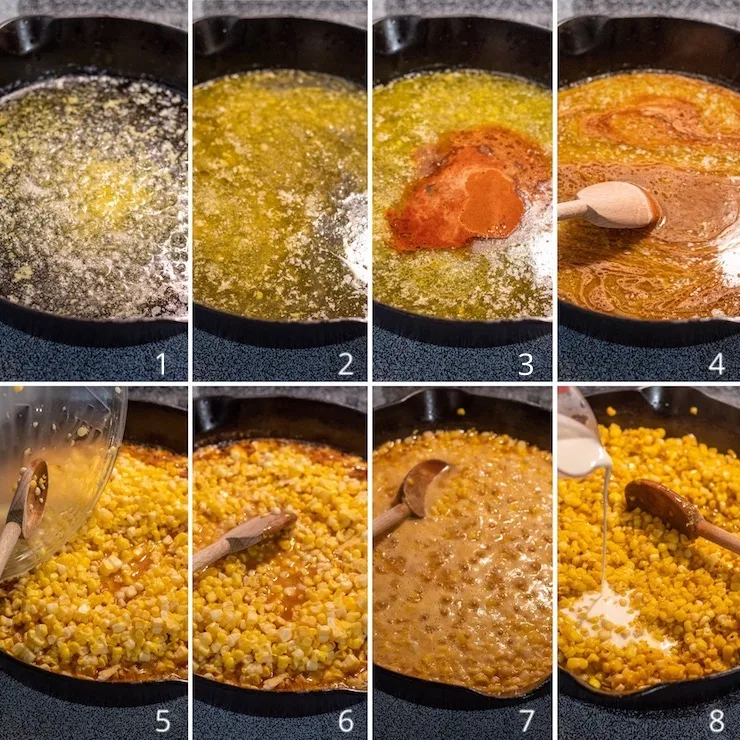8-photo process collage, frying corn in cast iron skillet.