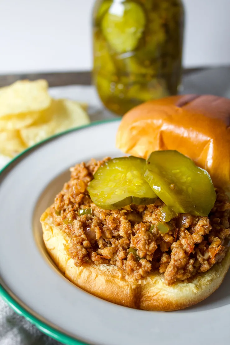 Sloppy joe sandwich with pickles