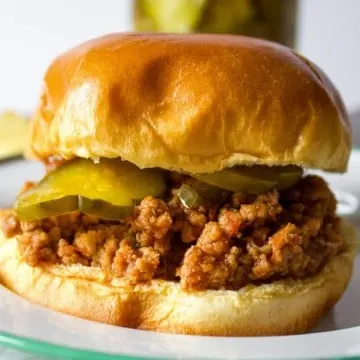 Sideview close up of sloppy joe on plate.