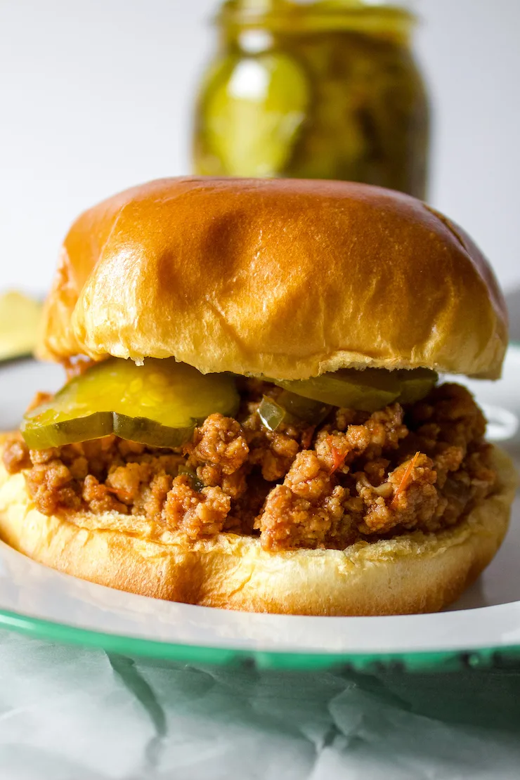 Sideview close up of turkey sloppy joe on plate.