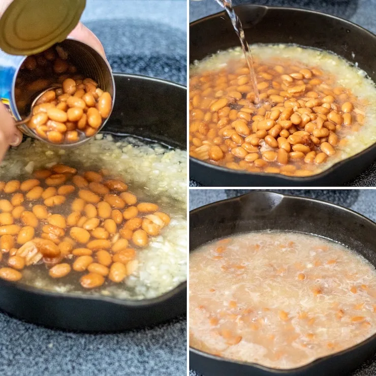 Process photo collage adding canned beans, water and bringing to simmer