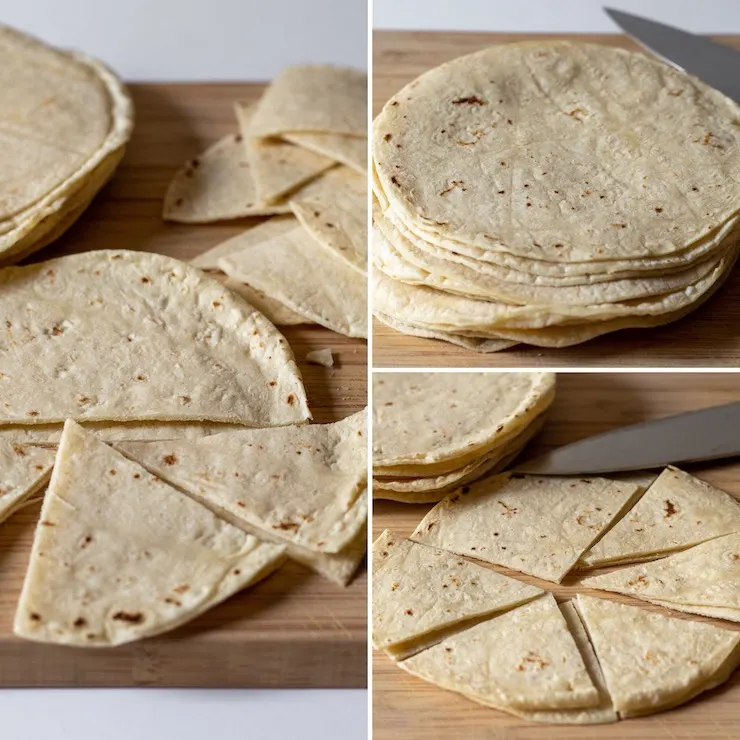 Cutting corn tortillas into triangles, process collage phto.