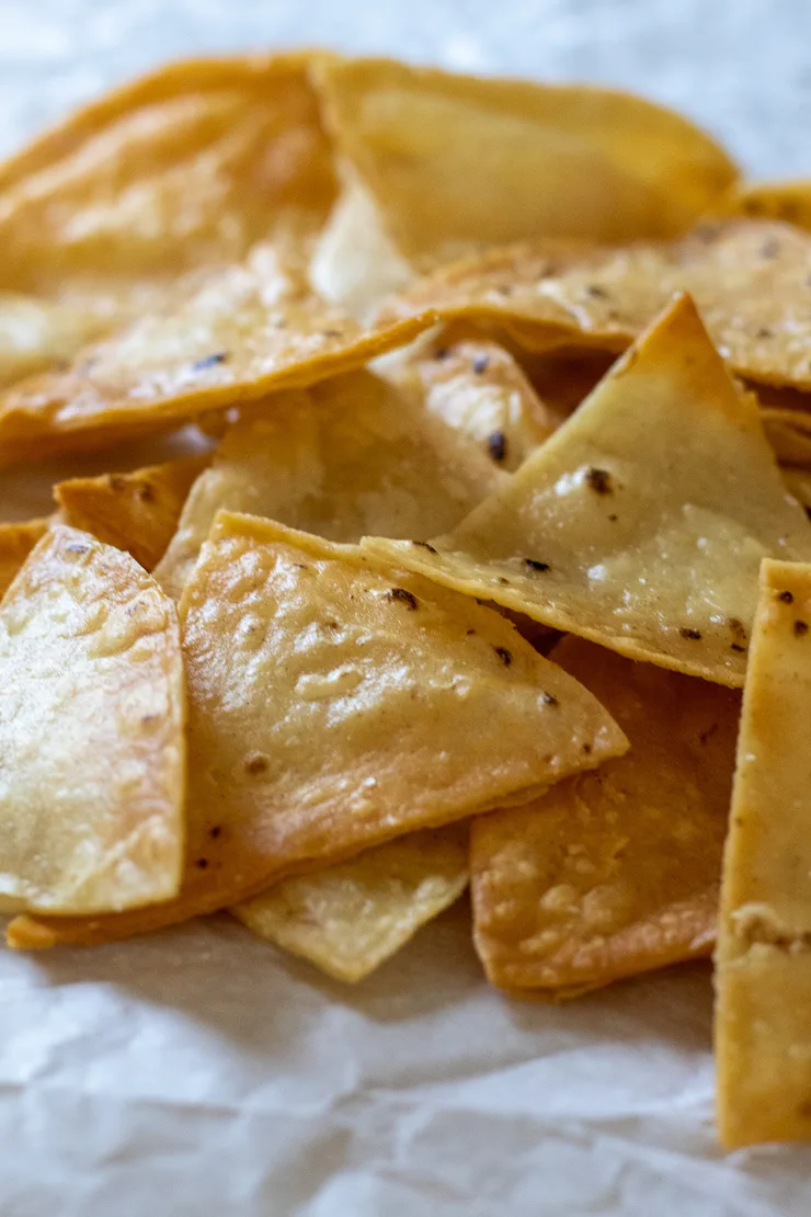 Close up of homemade tortilla chips.