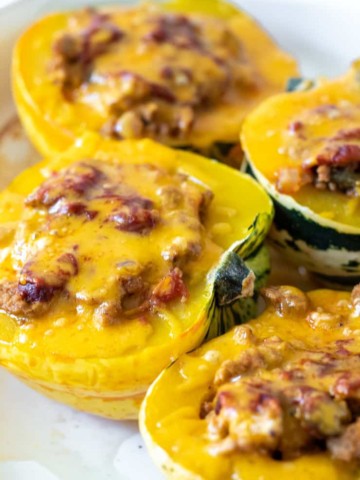 Close up of baked stuffed squash.