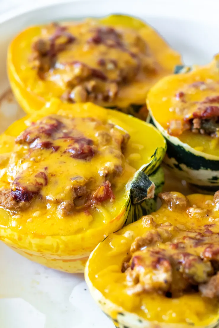 Close up of baked stuffed squash.