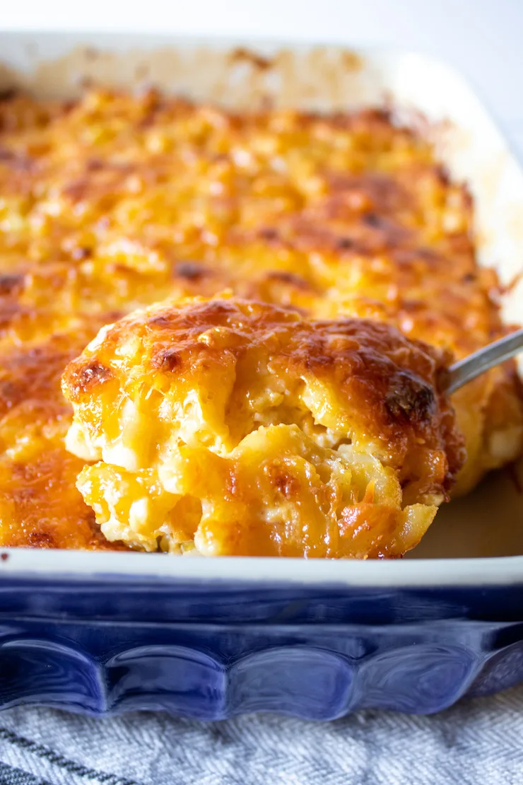 Southern baked macaroni and cheese close up of piece in baking dish.