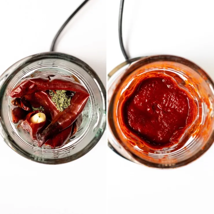 Chiles in blender with garlic, salt and oregano, then blended, blender process photo.