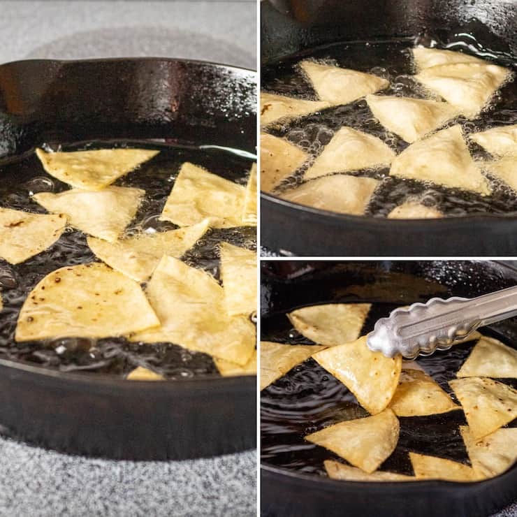 Frying tortilla chips in cast iron pan, process photo collage.