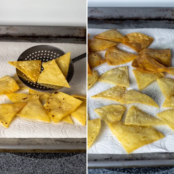 Draining and salting chips on paper towel lined baking sheet.