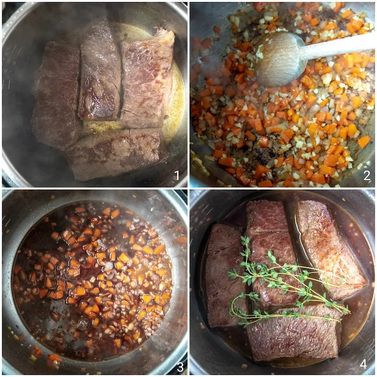 Step by step photo collage of preparing short ribs in Instant Pot..