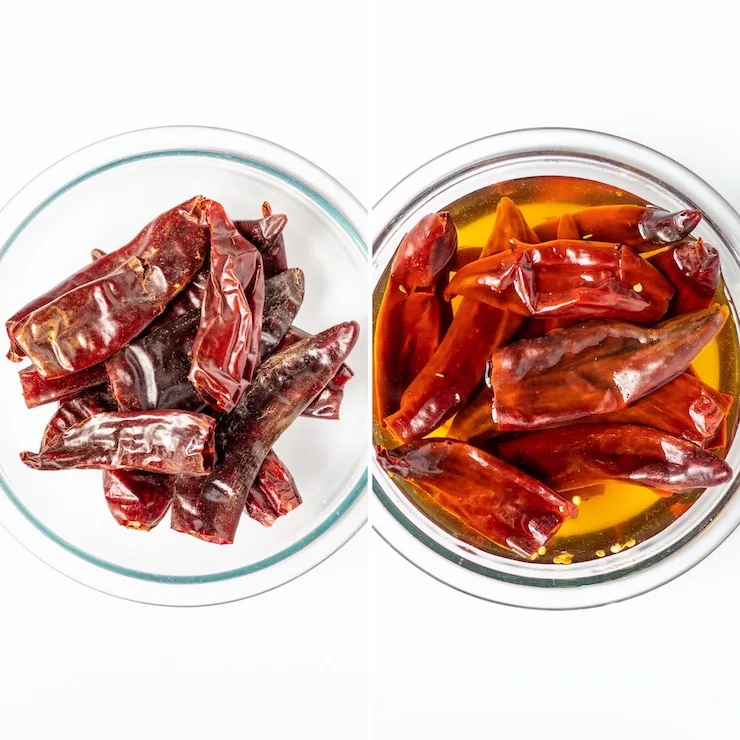 Reconstituting red chiles in bowl with boiling water, process collage photo.
