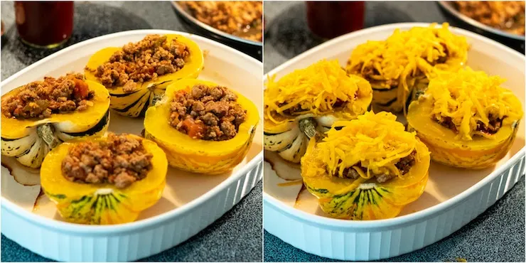 Two photo process collage of stuffing and topping squash for oven.