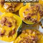 Pin for Pinterest, baking dish of stuffed squash with text.
