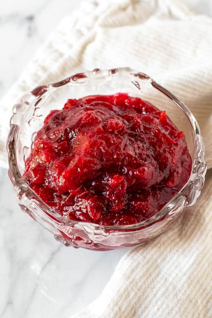 Cranberry sauce in glass dish.
