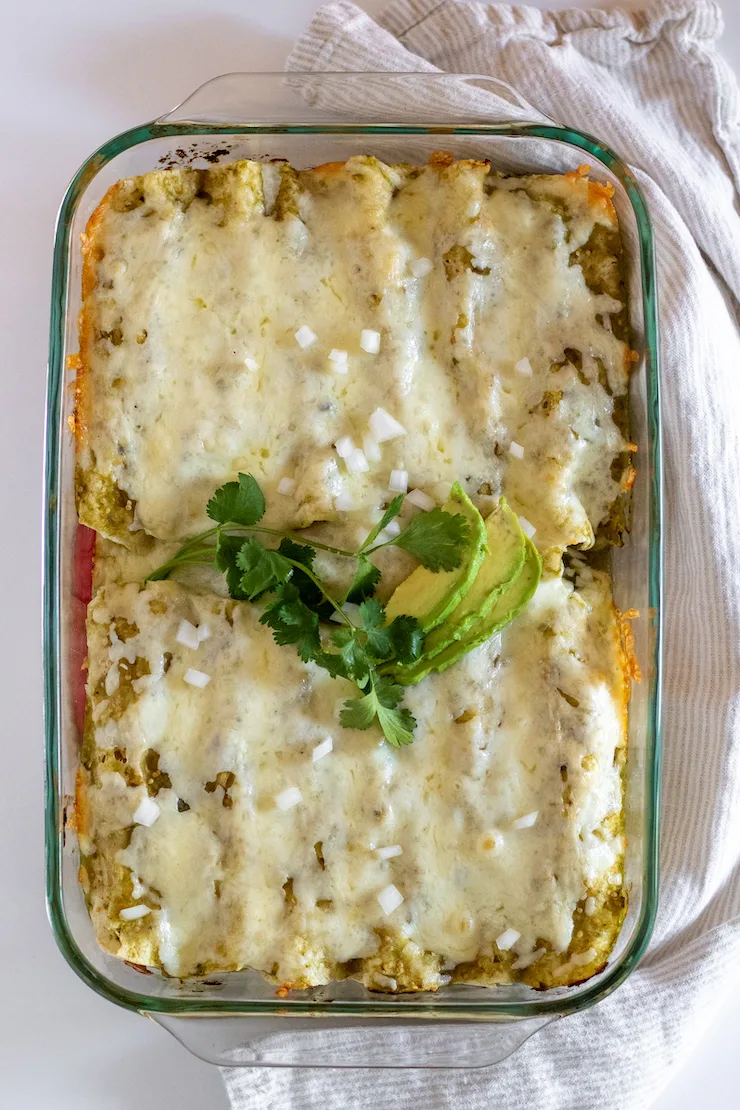 Baked enchiladas suizas just out of the oven.
