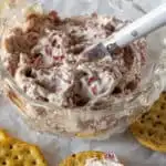 Dip in bowl with serving knife, surrounded by crackers.