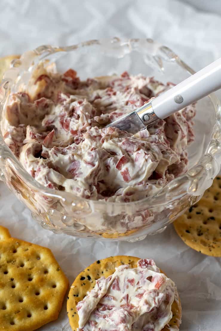 Dip in bowl with serving knife, surrounded by crackers.